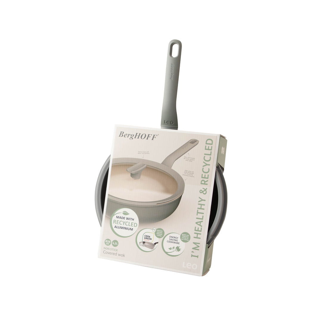 BergHOFF 28cm Covered Wok - Balance Moonmist Stir Fry Pan with Glass Lid & Straining Function