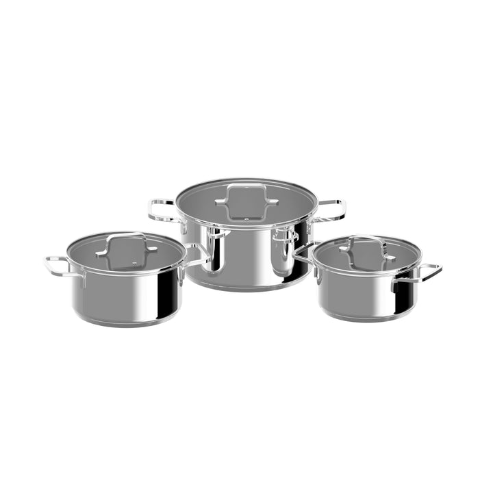 Three stainless steel cookware pots with lids, varying sizes, featuring a polished finish and side handles.
